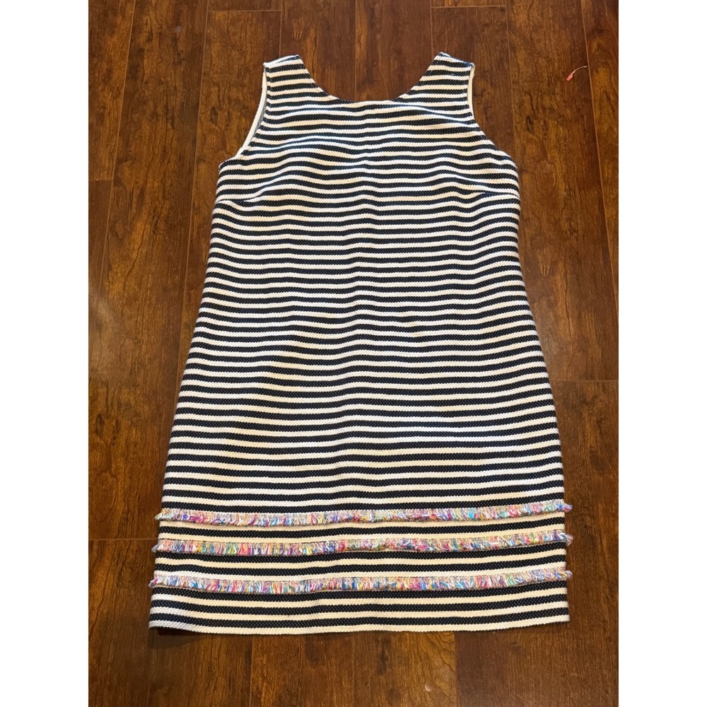 Vilagallo Navy White Striped Sleeveless Shift Dress Fringe Trim Spain Size 42